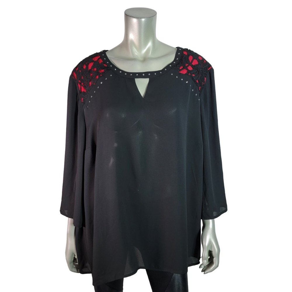 Catherines Black Label Top Plus Size 2X Rhinestones Lace Sheer 3/4 Sleeve Black‎
